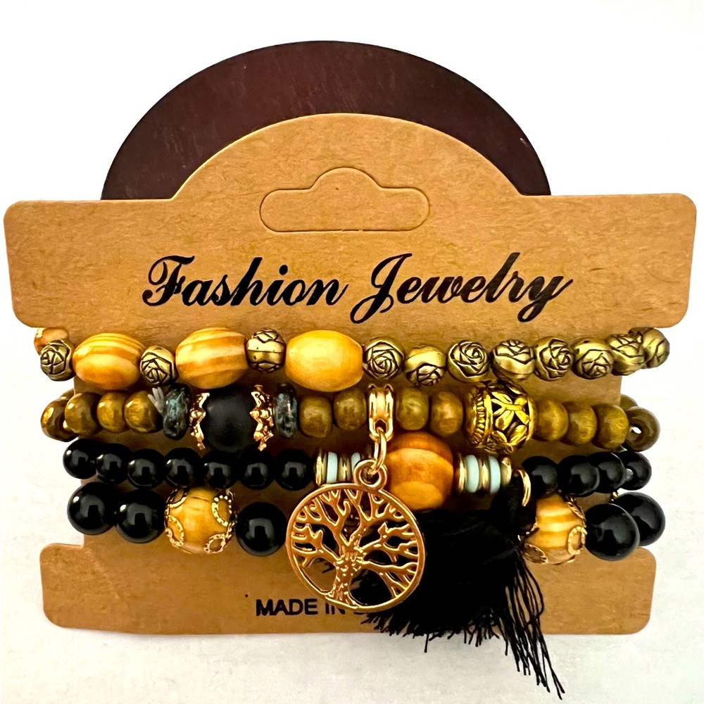 4pcs/set Tree Of Life Pendant Multilayer Beaded Bracelet Round/Wooden Beac